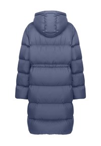 Opgeblazen blauwe winterjas met capuchon, voorzien van horizontale naden en een lang, los ontwerp. Gladde textuur en zachte stof.