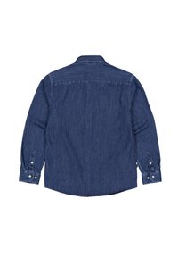 Denim overhemd in donkerblauw met een kraag met knoopsluiting, lange mouwen en een rechte zoom. Heeft een soepele textuur en knoopmanchetten.