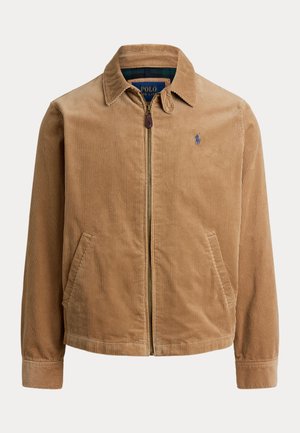 Herren hanffarbene Cord-Jacke mit Reißverschluss, Seitentaschen und kleinem gesticktem Logo auf der linken Brust.