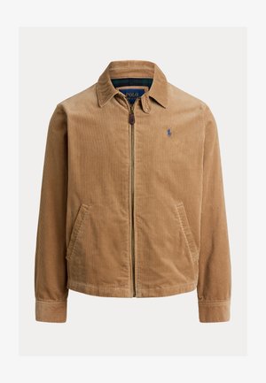 Herren hanffarbene Cord-Jacke mit Reißverschluss, Seitentaschen und kleinem gesticktem Logo auf der linken Brust.
