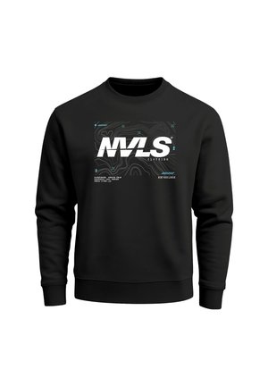 Schwarzer Langarm-Sweatshirt mit weißem und blauer grafischer Schrift "NVLS" und konturenähnlichen Linien auf der Vorderseite.