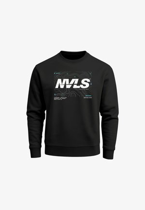 Black long-sleeve sweatshirt with white and blue graphic text "NVLS" and map-like contour lines on the front center.