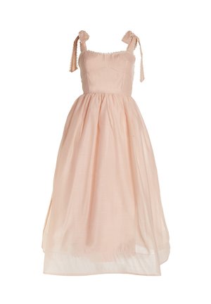 Jasnoróżowa sukienka na ramiączkach z przodu, z wiązanymi akcentami, posiadająca dopasowany gorset i zwiewny, przezroczysty spód z teksturowanym wykończeniem.