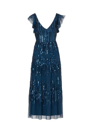 Blue sequin dress featuring a V-neck, frilled sleeves, and tiered design. The fabric is sheer with shiny, elongated sequins throughout.