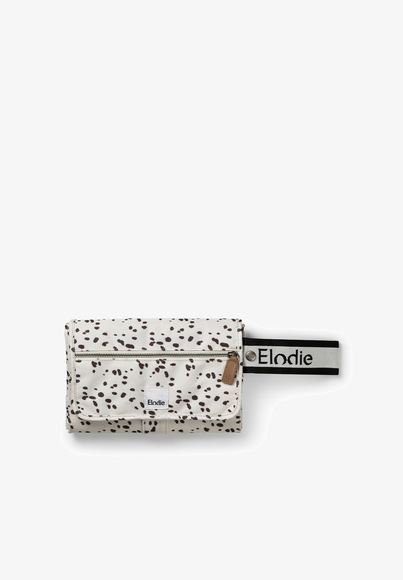 Folded fabric pouch in cream with brown speckled pattern. Features zippered pocket, a snap closure, and a black strap with logo.