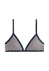 Háromszög alakú bikini felsőrész, amely tengerészkék, krémszínű és bordó csíkos mintával rendelkezik, keskeny állítható pántokkal és tengerészkék szegéllyel.