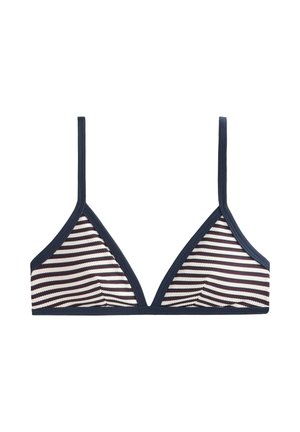Trokutasti bikini top s prugastim uzorkom u mornarsko plavoj, krem i bordo boji, s uskim podesivim remenčićima i mornarsko plavim rubom.