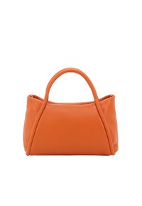Orangefarbene Lederhandtasche mit abgerundeter Silhouette, zwei kurzen Griffen und glatter Oberfläche. Verfügt über geschwungene Nähte für ein zusätzliches Designelement.
