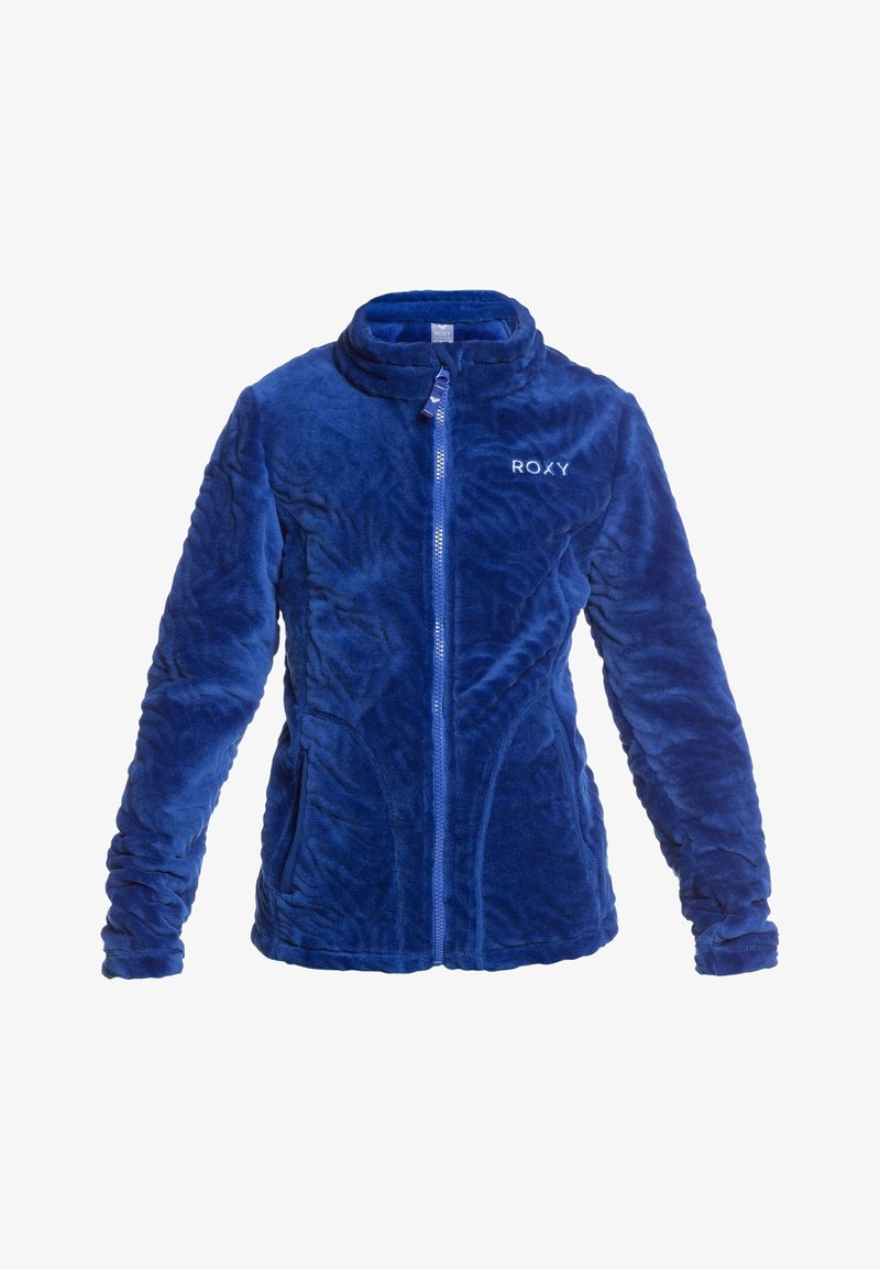 Veste en polaire bleue à col montant, fermeture éclair frontale, logo Roxy, motif texturé et manches ajustées. Comprend des poches latérales et un tissu doux.