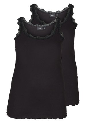 Black ribbed tank tops with scalloped lace trim on the neckline and arms. Two-pack design with a soft texture and fitted shape.