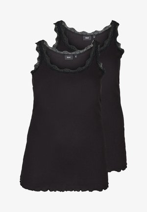 Black ribbed tank tops with scalloped lace trim on the neckline and arms. Two-pack design with a soft texture and fitted shape.