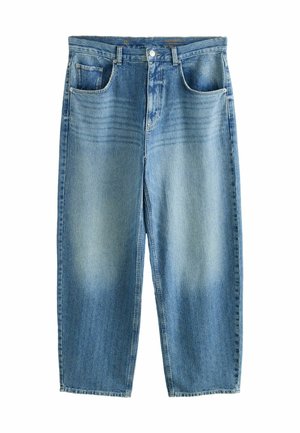 Light blue denim jeans with a straight-leg cut, five-pocket design, button and zipper closure, and faded detailing on thighs.