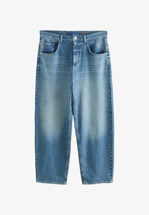 Light blue denim jeans with a straight-leg cut, five-pocket design, button and zipper closure, and faded detailing on thighs.