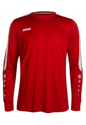 Rode sportshirt met lange mouwen en witte accenten op de schouders en cirkelvormige details op de manchetten. Gemaakt van lichtgewicht, ademend materiaal.