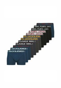 Neun Paare Herren-Boxershorts in verschiedenen Farben mit elastischen Taillenbünden und sichtbarem Markentext. Die Farben umfassen Marineblau, Schwarz, Grau und weitere.