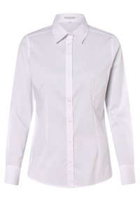 Camicia bianca a maniche lunghe con colletto classico, caratterizzata da una superficie liscia e un design aderente. Nessun motivo o accento visibile.