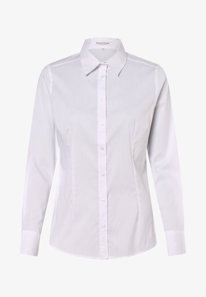 Camicia bianca a maniche lunghe con colletto classico, caratterizzata da una superficie liscia e un design aderente. Nessun motivo o accento visibile.