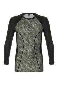 Langärmliges Sportshirt in Grün und Schwarz. Verfügt über ein strukturiertes Muster, einen taillierten Schnitt und Kontrastnähte entlang der Nähte.