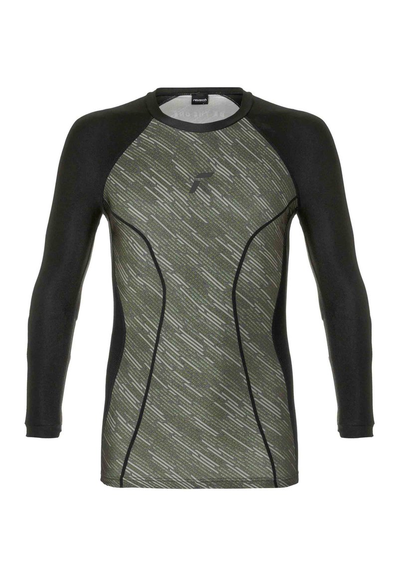 Langärmliges Sportshirt in Grün und Schwarz. Verfügt über ein strukturiertes Muster, einen taillierten Schnitt und Kontrastnähte entlang der Nähte.