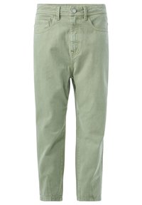 Světlé zelené denimové kalhoty s klasickým designem pěti kapes, zúženými nohavicemi a knoflíkovým zapínáním. Hladká textura s jemnými švy.