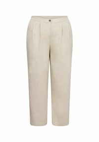 Beige linased taljed, kerge lõikega, ees voldid ja üks nupp vöökohtadel. Pikkus ulatub kuni säärtel.