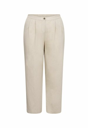 Pantalons en lin beige avec une coupe décontractée, plis avant et fermeture à un bouton à la taille. La longueur se termine au niveau du mollet.