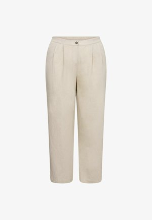 Beige linased taljed, kerge lõikega, ees voldid ja üks nupp vöökohtadel. Pikkus ulatub kuni säärtel.