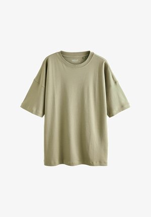 Olivenfarbene Baumwoll-T-Shirt mit Rundhalsausschnitt, kurzen Ärmeln und lockerer Passform. Verfügt über dezente Nähte und ein minimalistisches Design.
