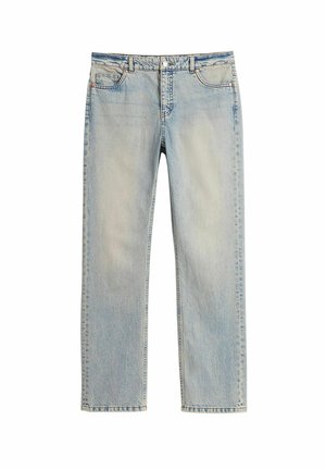 Lichtblauwe denim jeans met een rechte pijp, voorzien van vijf zakken, een knoopsluiting en subtiele vervagingen door de stof.