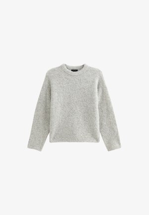 Grijze gebreide trui met lange mouwen, ronde hals en een gestructureerde afwerking. Eenvoudig ontwerp, geen patronen of versieringen.