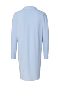 Lichtblauwe langarmshirt van zachte stof, met een kraag en zijsplitten. Het ontwerp heeft een klassieke snit die tot halverwege het bovenbeen reikt.