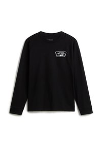 Schwarzes Langarm-T-Shirt aus Baumwolle mit einem weißen Vans-Logopatch auf der Brust. Gerundeter Halsausschnitt und gerippte Bündchen.