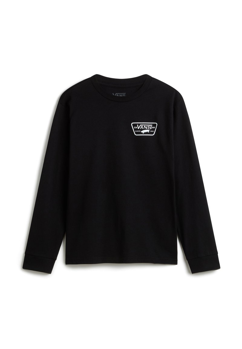 Schwarzes Langarm-T-Shirt aus Baumwolle mit einem weißen Vans-Logopatch auf der Brust. Gerundeter Halsausschnitt und gerippte Bündchen.