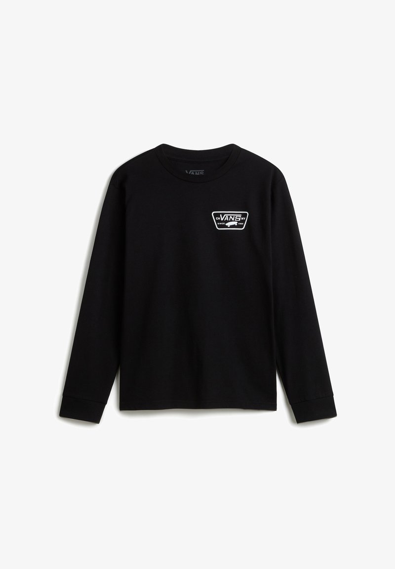Schwarzes Langarm-T-Shirt aus Baumwolle mit einem weißen Vans-Logopatch auf der Brust. Gerundeter Halsausschnitt und gerippte Bündchen.