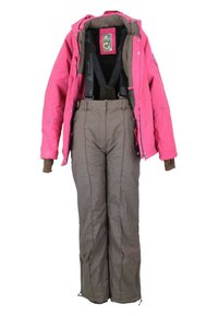 Veste isolante rose avec une coque extérieure marron et un pantalon isolant assorti. Comprend des sangles réglables et des zippers. Tissu durable, design fonctionnel.