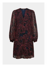 Långärmad klänning med djup V-ringning i genomskinlig bordeauxfärgad tyg med mörkblå blommönster, med samlade ärmar och en flödande silhuett.