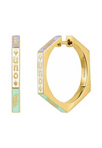 Los pendientes de aro hexagonales dorados presentan acentos en verde menta y lavanda con patrones intrincados. El diseño incluye detalles grabados y un acabado pulido.