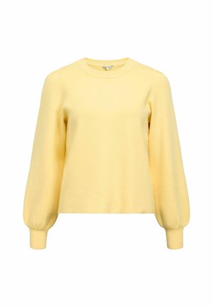 Geel pullover sweater met een ronde hals, lange opgeblazen mouwen en een aansluitende zoom. Gemaakt van zachte stof met een gladde textuur.