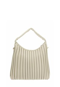 Sac à main plissé beige avec une anse incurvée. Matière lisse, forme arrondie et accents dorés subtils renforcent son design.