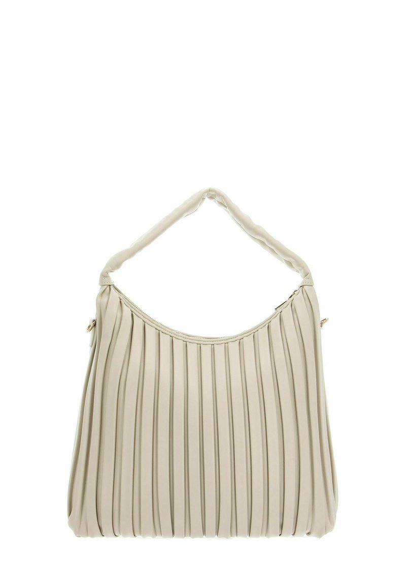 Sac à main plissé beige avec une anse incurvée. Matière lisse, forme arrondie et accents dorés subtils renforcent son design.