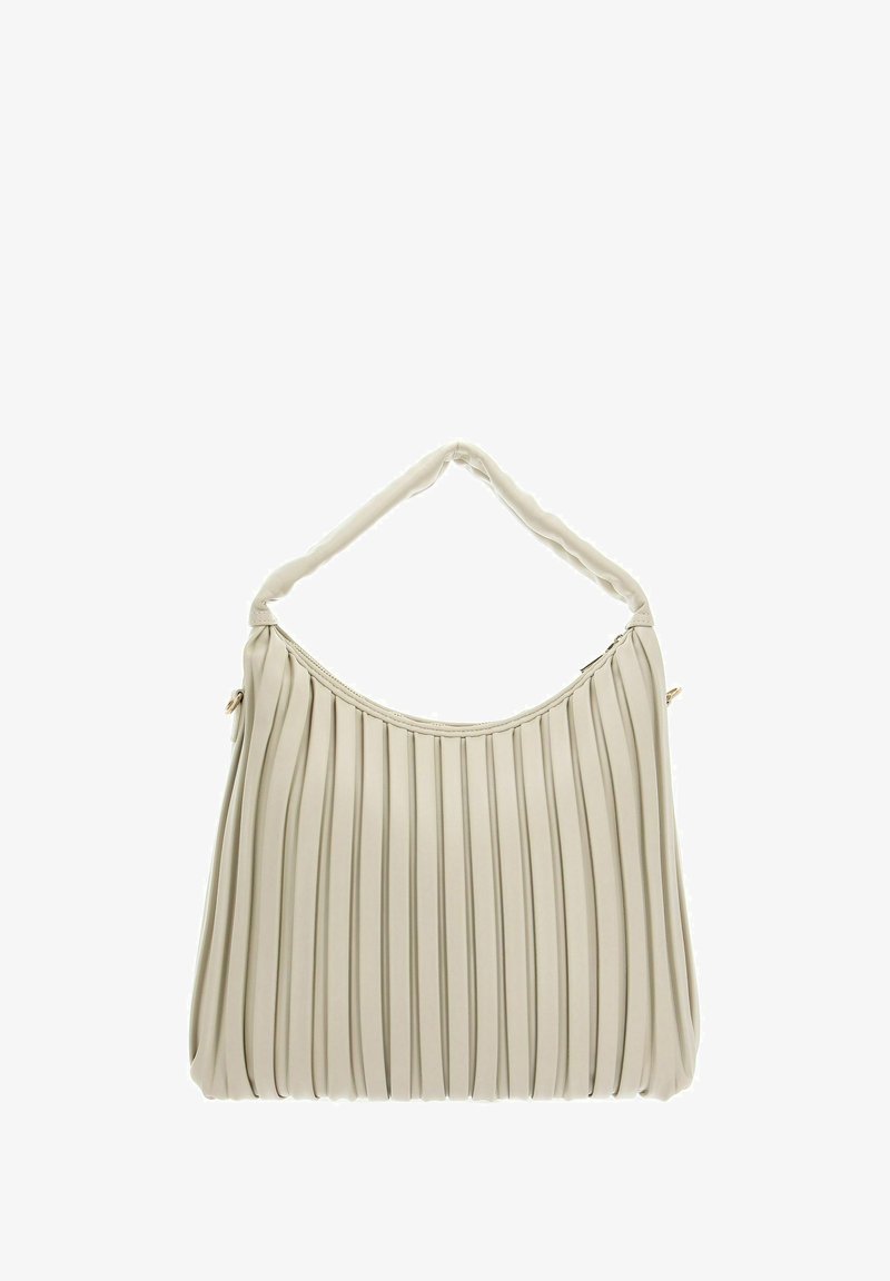 Sac à main plissé beige avec une anse incurvée. Matière lisse, forme arrondie et accents dorés subtils renforcent son design.