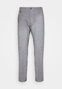 Gray textured trousers with a straight leg design. Features include a button closure, belt loops, and subtle heathered pattern.