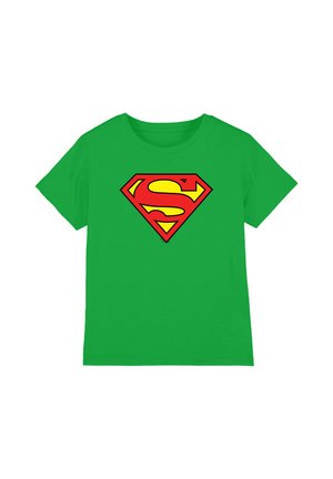 Green short-sleeve t-shirt with a red and yellow Superman logo centered on the chest against a white background.