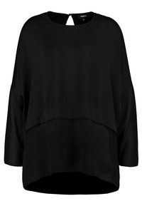 Blusa nera con scollatura rotonda e apertura a chiave nella parte posteriore. Presenta un design a strati e maniche lunghe e morbide. Tessuto liscio.