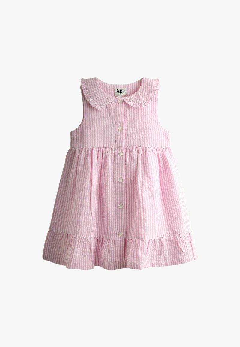 Vestito senza maniche per bambini, a righe rosa e bianche, con colletto arricciato, bottoni frontali, vita raccolta e orlo arricciato.