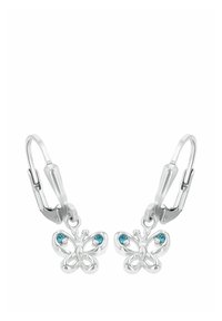 Los pendientes de mariposa de plata presentan acentos de piedra azul, un diseño delicado e intrincado, y un cierre de palanca para un uso seguro.