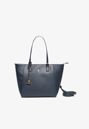 Borsa tote in pelle blu navy con due manici. Presenta un ciondolo decorativo e dettagli del logo in tonalità oro. Texture liscia e forma strutturata.