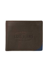 Cartera de cuero marrón con logo en relieve, textura suave, esquina azul en contraste y bordes cosidos. Diseño compacto para tarjetas y efectivo.