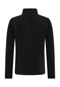 Zwart fleece jack met lange mouwen en een hoge kraag, met een gladde textuur en een minimalistisch ontwerp zonder zichtbare hardwaredetails.