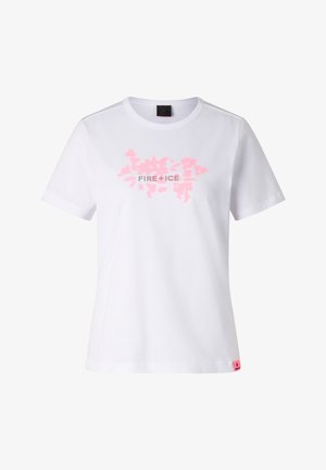 T-shirt blanc à manches courtes avec motif floral rose et texte "FIRE+ICE" centré sur le devant, col rond et petite étiquette rose à l'ourlet.